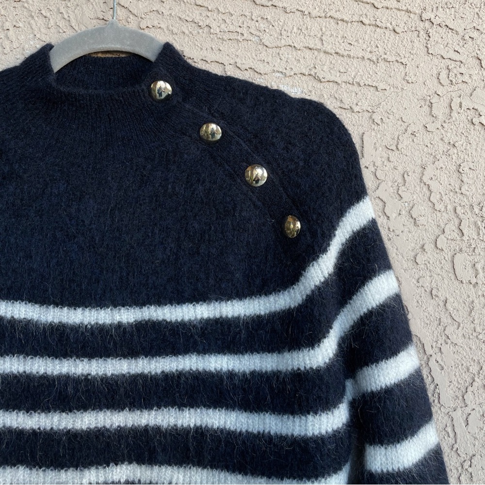 SEZANE Navy Blue & White Striped Alpaca Wool Sweater Fuzzy Preppy Trudy Jumper - Picture 6 of 16